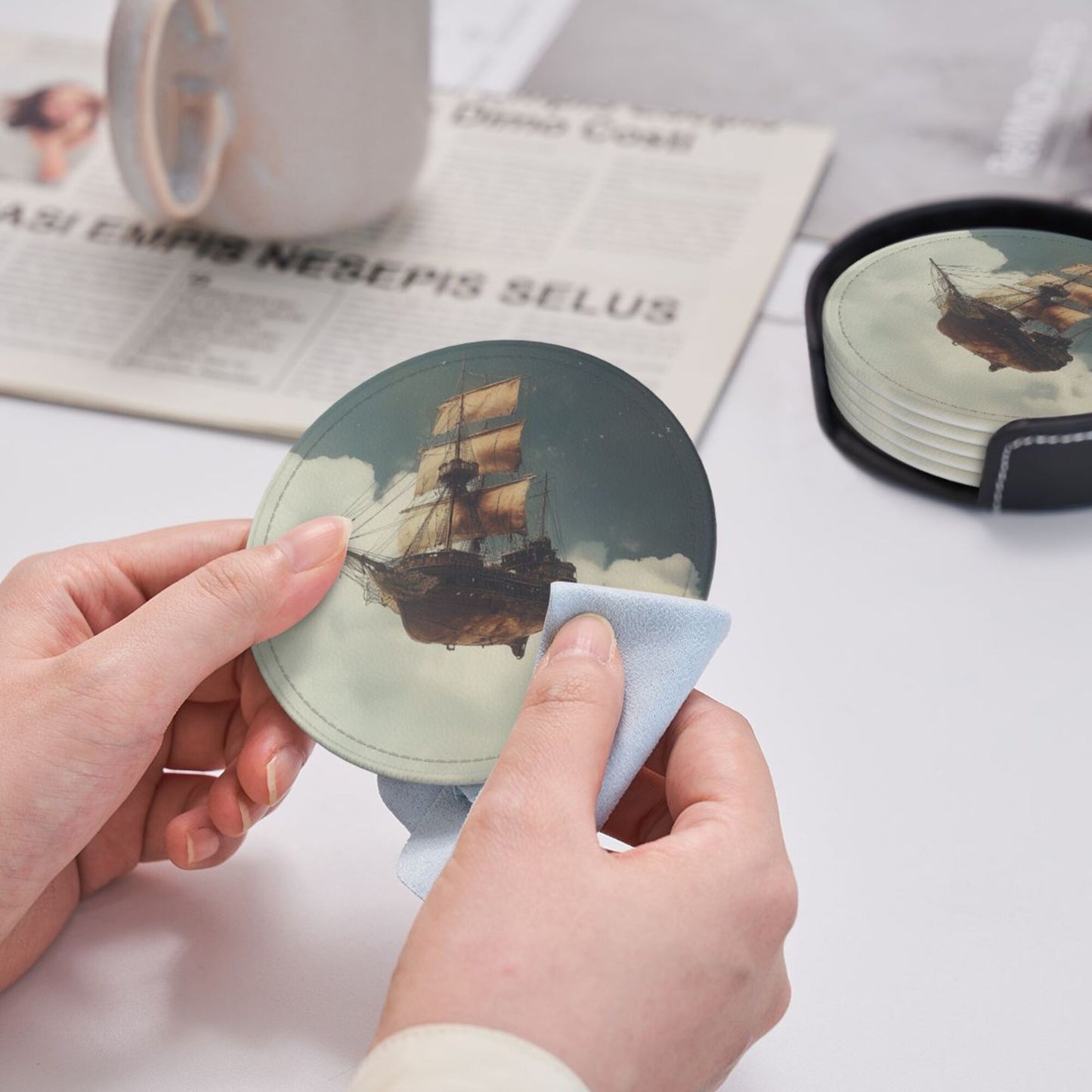 Leather Coaster - Flying Ship in the Clouds Design 🚢☁️ | Waterproof Heat-Resistant Coffee Coaster | Maritime Adventure Desktop Decor