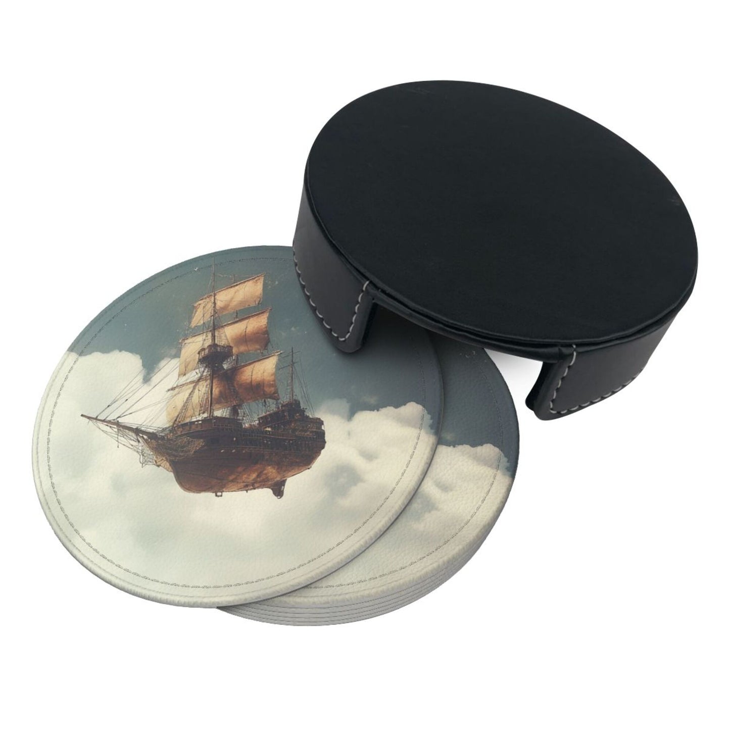 Leather Coaster - Flying Ship in the Clouds Design 🚢☁️ | Waterproof Heat-Resistant Coffee Coaster | Maritime Adventure Desktop Decor
