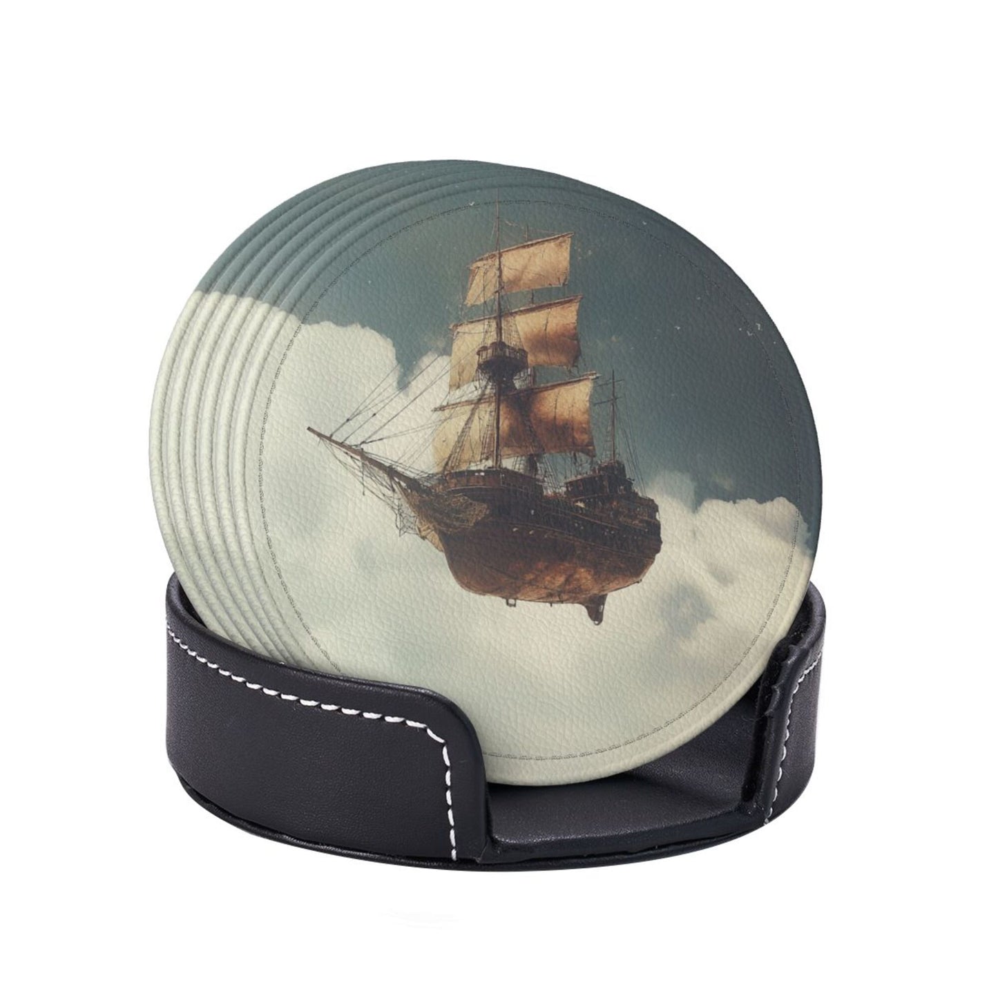 Leather Coaster - Flying Ship in the Clouds Design 🚢☁️ | Waterproof Heat-Resistant Coffee Coaster | Maritime Adventure Desktop Decor