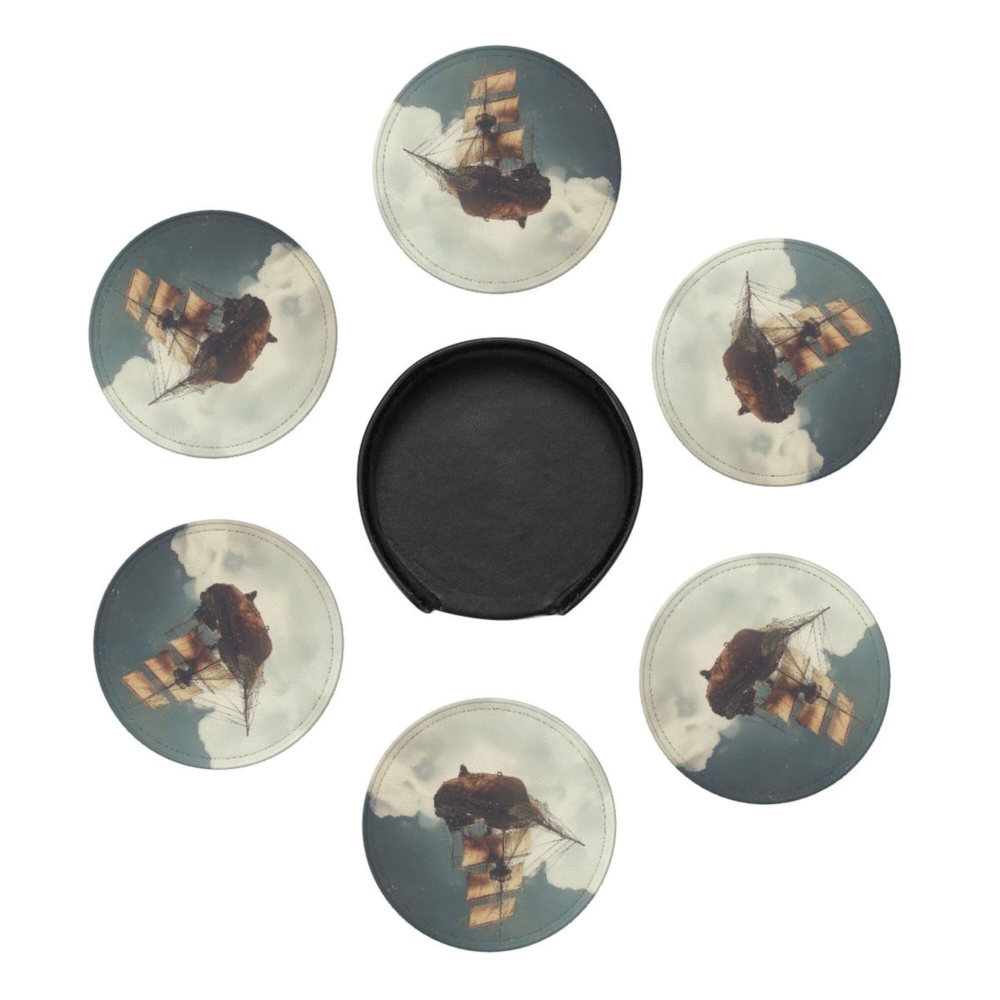 Leather Coaster - Flying Ship in the Clouds Design 🚢☁️ | Waterproof Heat-Resistant Coffee Coaster | Maritime Adventure Desktop Decor
