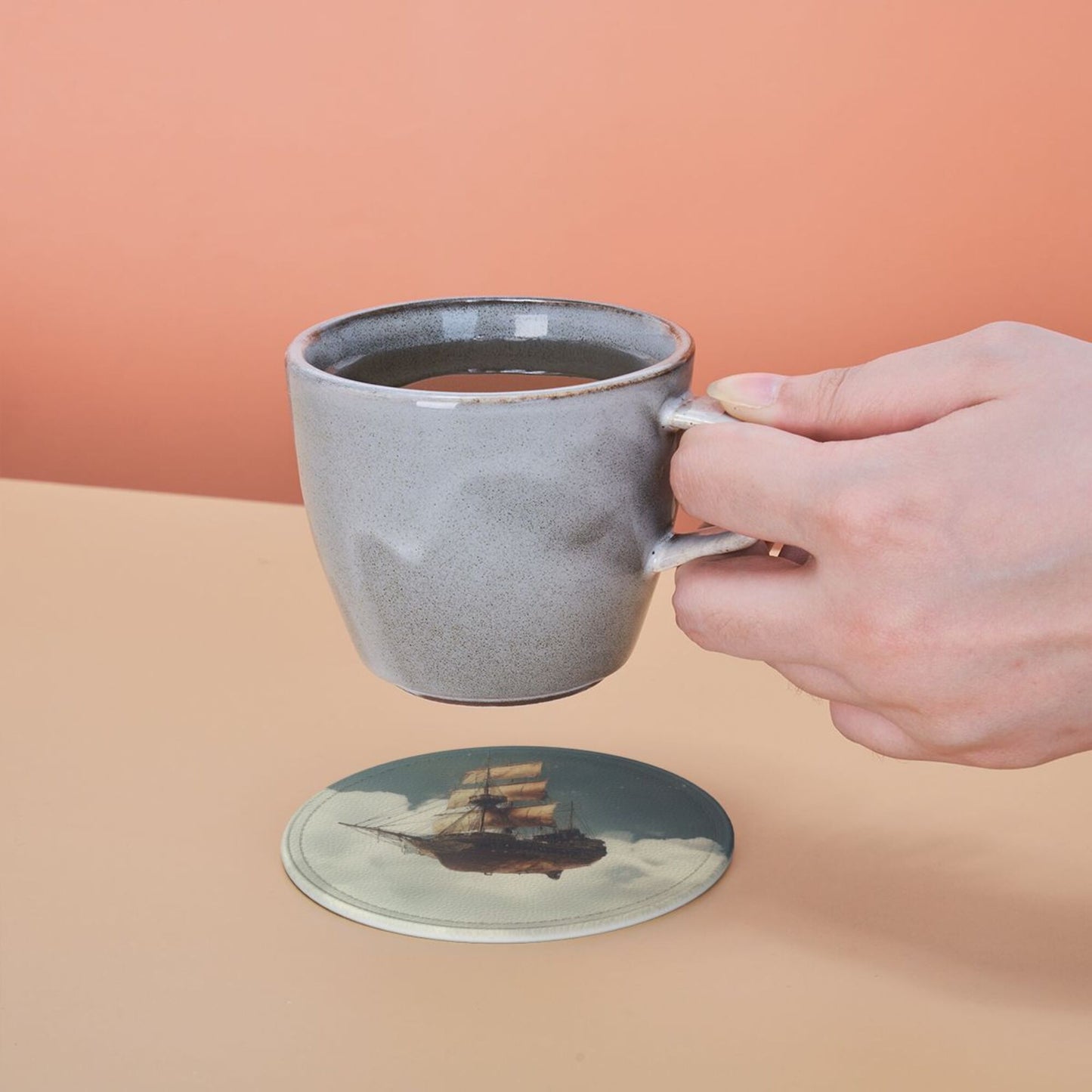 Leather Coaster - Flying Ship in the Clouds Design 🚢☁️ | Waterproof Heat-Resistant Coffee Coaster | Maritime Adventure Desktop Decor