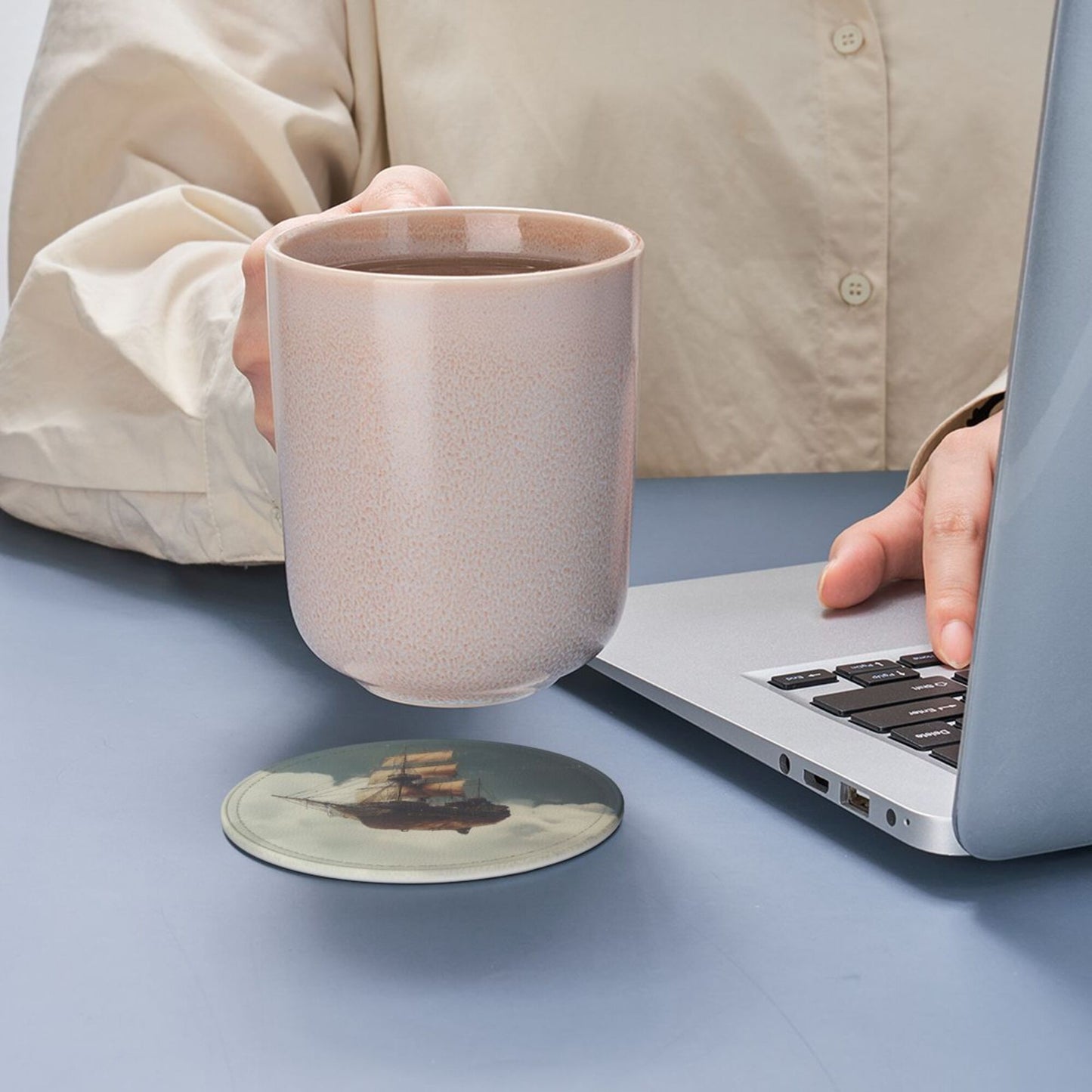 Leather Coaster - Flying Ship in the Clouds Design 🚢☁️ | Waterproof Heat-Resistant Coffee Coaster | Maritime Adventure Desktop Decor