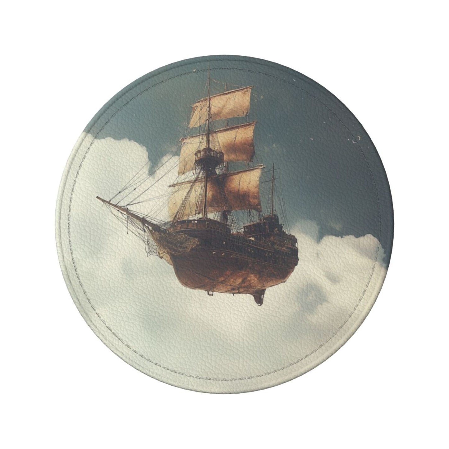 Leather Coaster - Flying Ship in the Clouds Design 🚢☁️ | Waterproof Heat-Resistant Coffee Coaster | Maritime Adventure Desktop Decor
