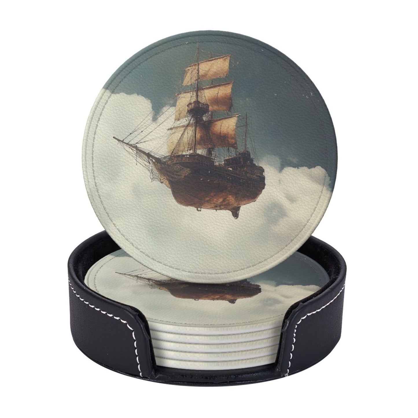 Leather Coaster - Flying Ship in the Clouds Design 🚢☁️ | Waterproof Heat-Resistant Coffee Coaster | Maritime Adventure Desktop Decor