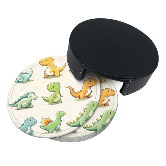 Leather Coaster - Cartoon Dinosaur Design 🦖🎨 | Waterproof Heat-Resistant Coffee Coaster | Fun Desktop Deco