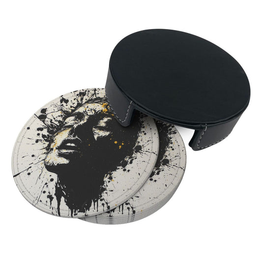 Artistic Leather Coaster - Abstract Face Splatter Design 🎨🖤 | Unique Creative Desktop Decor